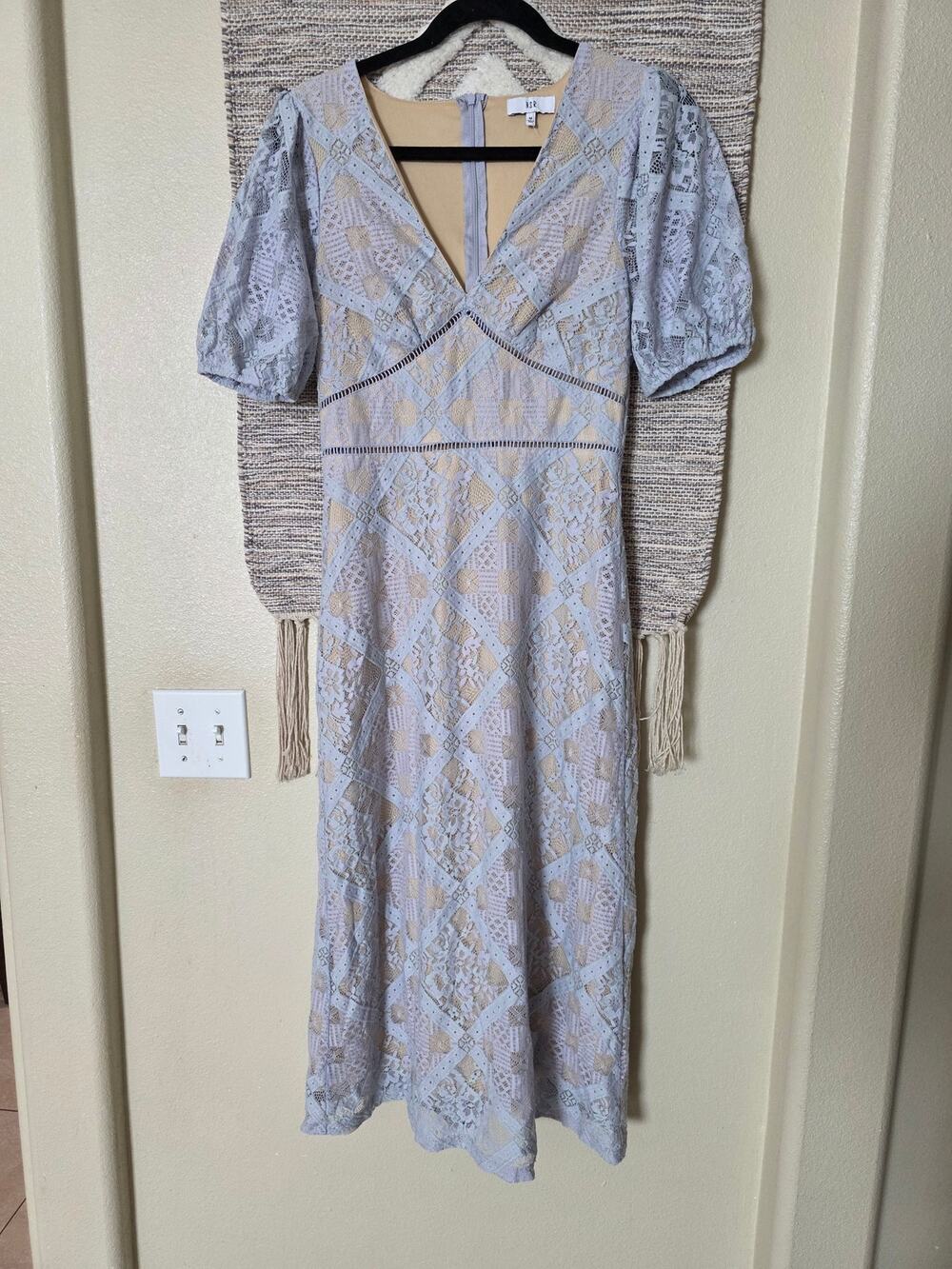 NSR Women’s Midi Dress Medium Blue Lace Boho Romantic Puff Sleeve Tiered